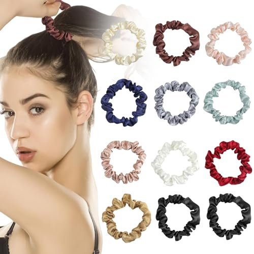 BELEVO Silk Haargummi Scrunchie 12 Stück, Seide Scrunchies Haargummi Elastische Satin Haargummis Klein für Damen Mädchen Pferdeschwanz Haarschmuck Hairband Hair Ties