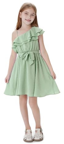 PatPat Robe Fille Princesse Été sans Manches Une Épaule avec Détails de Volants pour Cocktail Soirée Fête Mariage Cérémonie Bapteme Enfant Robe A-Ligne 6-12 Ans, Vert Clair, 9-10 Ans