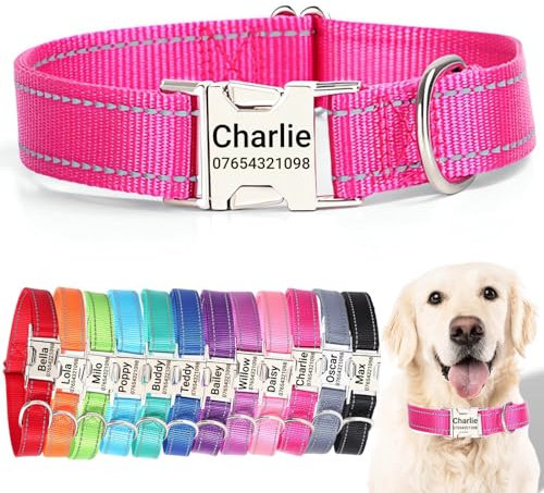 SEOUGEE Personalised Dog Collar with Engraved Metal Buckle, Reflective Nylon Collars for Small Medium Large Dogs with Custom Name Plate Phone Number (Rose Red, L:Neck 40-60cm,Width 2.5cm)