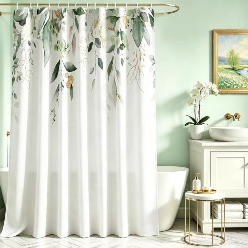 Lerores Duschvorhang 180x160cm Goldene Blätter, Beschwerter Saum Antischimmel Textil, Wasserabweisend, Waschbar Polyester Badevorhänge mit 12 Ösen und Duschvorhangringe für Badezimmer, Badewanne