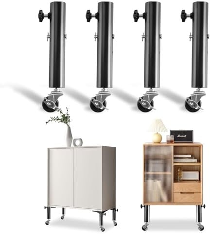 Pied de Table Metal Réglables avec roulettes, Lot de 4 Rallonge de Pied de Table avec roulettes Pivotantes À 360 Degrés, Pieds Armoires Métal pour Meubles de 13 à 17 cm, pour Meubles/Table/Chaise