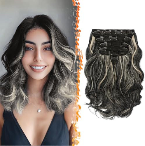 BARSDAR Clip in Haarverlängerungen Wellige, 30cm Kurzes Wellige Clip in Extensions Highlight Für Frauen 6PCs Voller Kopf Dickes Synthetisches Haarteile Extension - Schwarz mit Highlights