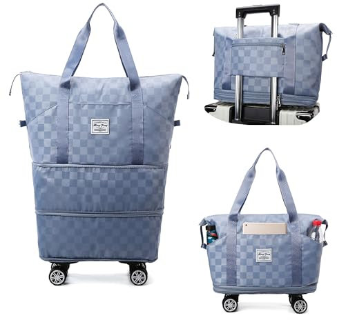 Reisetasche mit Rollen, Faltbare Reisetasche mit großer Kapazität, Erweiterbar Handgepäck mit Abnehmbar Rollen Damen Weekender Tasche Travel Handgepäck mit Nassfach für Sport Fitness Reisen (Blau)