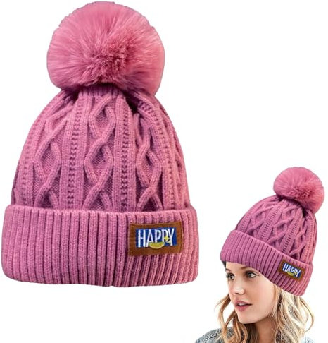 Bommelmütze Damen Mütze Winter Warme Strickmütze Damen-Strickmütze Damen Winter Mütze Wintermütze mit Bommel Slouch Grobstrick Mit Innenfutter Beanie Mütze Damen Wintermütze (Pfirsichfarbe)