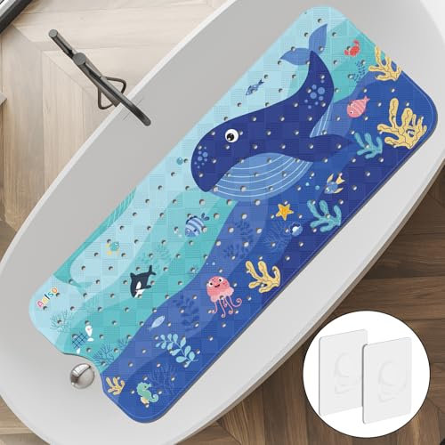 Aolso Alfombra Bañera Antideslizante Infantil, 100 x 40 cm Alfombra Ducha Antideslizante Resistente al Moho Infantil con Dos Ganchos, Ballena Motivos del Océano, para Bañera o Ducha, Lavable a Máquina