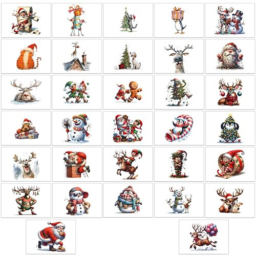 64 Stück lustige Weihnachtspostkarten mit lustigen Zeichnungen auf der Vorderseite - 32 verschiedene Motive