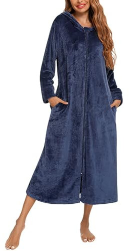Flodxo Bademantel mit Reißverschluss für Damen, flauschig, Fleece, superweich, Kapuze, Plüsch, lange Länge, warm und gemütlich, Loungewear