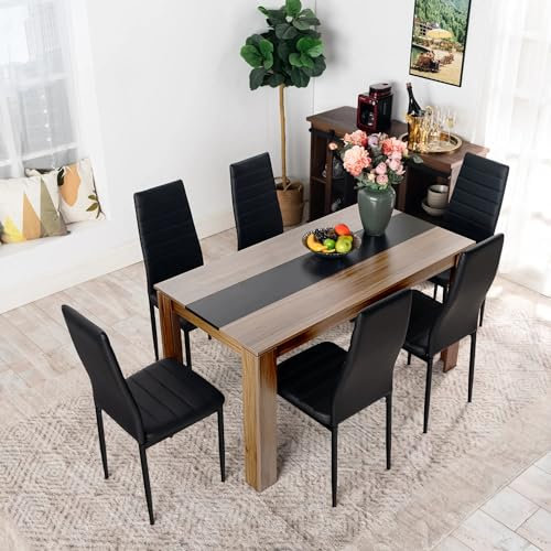 FURNITABLE Esstisch mit 6 Stühlen Esszimmergruppe, Essgruppe mit Hochlehner Kunstleder Stuhl für 6 Personen, Sitzgruppe für Küche Esszimmer Wohnzimmer(140cm Walnuss-Schwarz Tisch+6 Schwarz Stühle)