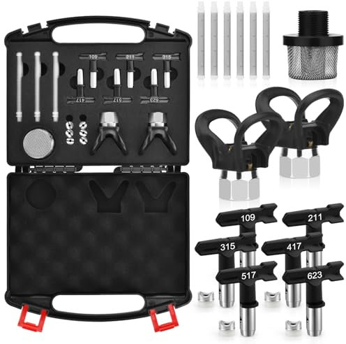 14Pcs Airless Paint Sprayer Tips Set,6 Airless Spray Tips,2 Tip Guards,6 Airless Paint Spray Gun Filter,288716 Inlet Suction Strainer and Black Storage Box,(109,211, 315, 417, 517, 623)