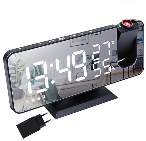 Lancoon Sveglia Digitale con Proiettore a 180° Display a Specchio Dimmer e Temperatura Indicatore di Umidità dell'aria Adattatore Incluso