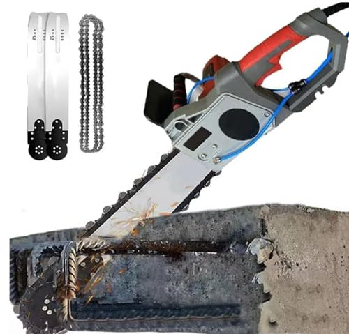 Tronçonneuse portative, tronçonneuse électrique pour béton, tronçonneuse murale à chaîne diamantée avec système anti-poussière alimenté par eau, avec 2 chaînes et 2 guides-chaînes,350