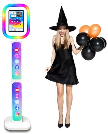 Aookely Tragbarer Fotokabinenständer kompatibel mit iPad-Fotoautomaten mit Verstellbarer RGB-Beleuchtung und individuellem Logo, anwendbar für Hochzeiten Party YouTube Vid (weiß, für 10.9/11inch)