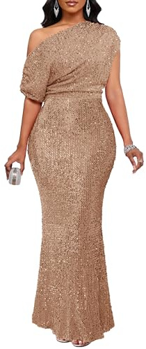 VERWIN Women's Sequin Maxi Dress Ruffle One Shoulder Bodycon Sparkly Mermaid Party Cocktail Gown