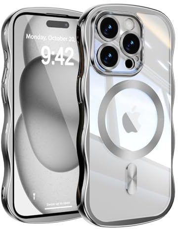 UEEBAI Magnetisch Hülle für iPhone 13 Pro Max, Nie Vergilbung, Silber | Wellen Rahmenform Transparent Handyhülle mit Kabelloses Laden, Stoßfest Schutzhülle mit Kameraschutz Bumper Cover Case