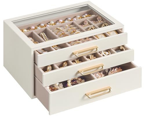 SONGMICS Schmuckkästchen mit Glasdeckel, aus Holz, 3 Ebenen | Große Schmuckaufbewahrung, Organizer für Ohrringe, 24 x 16 x 12,5 cm, Cremeweiss, GLORIBEL Kollektion JBC206WD01