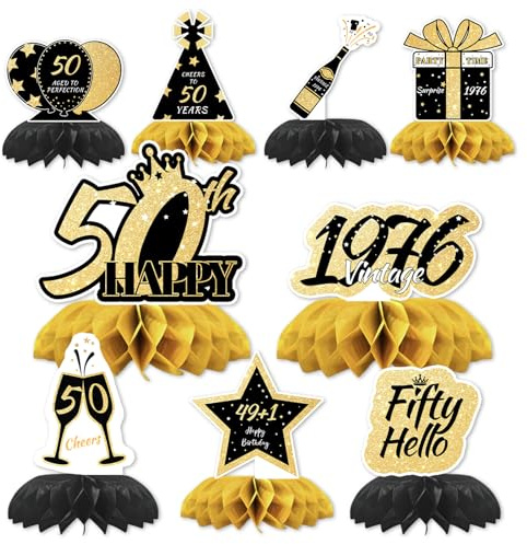 50.Geburtstag Tischdeko Schwarz Gold,9 Stück Bienenwaben Deko | Tischaufsätze Set,50 Geburtstag Deko für Männer und Frauen,Tischdekoration für 50. jährige