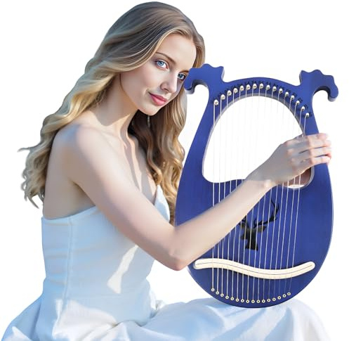 Lyra Harpe à 16 cordes en acajou massif - Design antique - Lyre de concert avec clé d'accordage, cordes et accessoires - Harpe portable pour adultes et débutants - Cadeau élégant (bleu foncé)