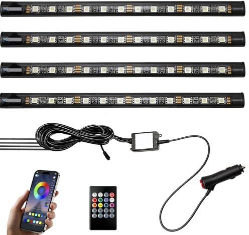 Car LED Light Strip Interior 4PCS 22cm RGB Atmosphere Light App & Remote Control 48 LEDs Multicolor Interior Ambient Lighting 12V with Audio Synchronization Waterproof Car Accessories for Men Women