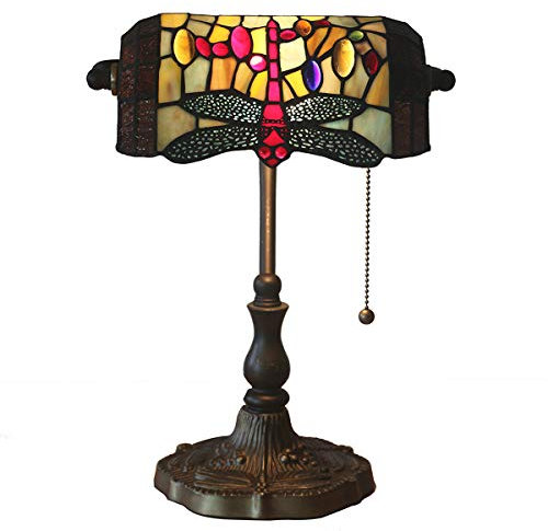 GDLight Tiffany Stil Banker Lampe Vintage Glasmalerei Banker Schreibtischlampe handgemachte Leselampe für Wohnzimmer Schlafzimmer Cafe Bar, 10,6-Zoll (3 Stile),Dragonfly