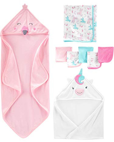 Simple Joys by Carter's Baby Mädchen 8-teiliges Handtuch- und Waschlappen-Set, Rosa Flamingo/Weiß Einhorn, Einheitsgröße
