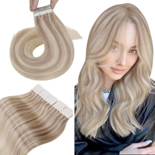 Tape in Hair Extensions Real Human Hair Ash Blonde with Platinum Blonde Tape in Extensions 14 Inch 20 Pieces/50g
