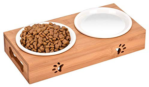 Queta Katze Napf-Set Anti-Rutsch Katzennäpfe Keramik Set mit Bambus Ständer Katzennäpf Hundenäpf Haustier-Zufuhr Bambus Stent Doppel Schüssel für Katzen und Hunde