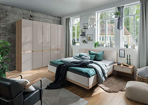 WIEMANN Barcelona Kleiderschrank, Schlafzimmerschrank, Drehtürenschrank, Breite 250 cm, 5-türig, Bianco Eiche, Glas champagner, creme, B/H/T 250x236x58 cm