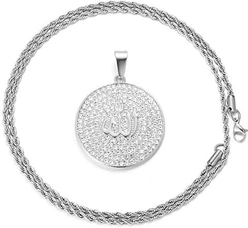 Halukakah Goldkette für Männer Iced Out,Platin Weißgold Islam Symbol Allah Anhänger Halskette Volle Cz Labordiamanten Zinken-Set mit Seilkette 60cm KOSTENLOSE Geschenkbox