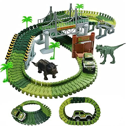 Bakaji Playset Pista Macchinine Flessibile Parco dei Dinosauri Giocattolo per Bambini con Macchinina Luci LED a Batteria Dinosauro T-rex Triceratopo e Altri Inclusi + Accessori Gioco Pista (142 pz)