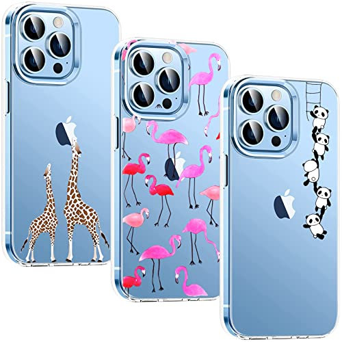 BAOWEI [3 Pack Case Compatible for iPhone 13 Pro, Ultra Thin Crystal Clear Soft TPU Silicone Cover with Cute Pattern Protective Phone Case - Giraffe, Flamingo & Panda