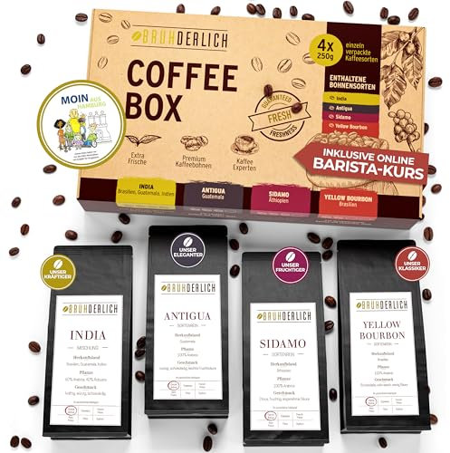 BRÜHDERLICH Kaffeebohnen Probierset ganze Bohnen - Premium Kaffee Geschenk - Geschmackliche Vielfalt - Kaffee Geschenkset - Barista Kaffeebohnen - Kaffee Probierset 4 x 125g