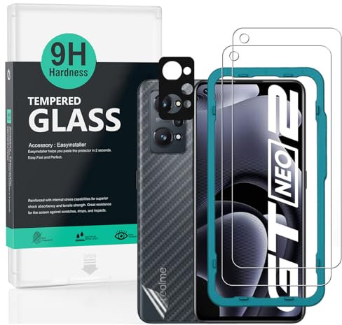 Ibywind Cristal Templado para Realme GT Neo 2/Realme GT 2/Realme GT Neo 3T (5G),con Metálico Protector de Lente de Cámara,Atrás Pegatina Protectora Fibra de Carbono,