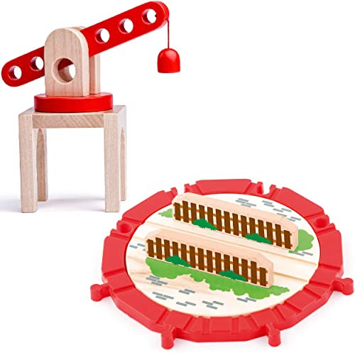 Holzeisenbahn - XL Drehscheibe + magnetischer Kran - passend für alle Schienen-Systeme & Straßen - z.B. Brio/Heros/Eichhorn/IKEA/Woody/Bigjigs Rail ..