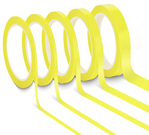 Tikplus Masking Tape 5 Rollen, Abklebeband Malerkrepp Breit 2/3/6/10/15 mm x 66 Meter, Selbstklebendes Fineline Band für Whiteboard, Basteln, Etiketten, Dekorieren Verwendet (Gelb)