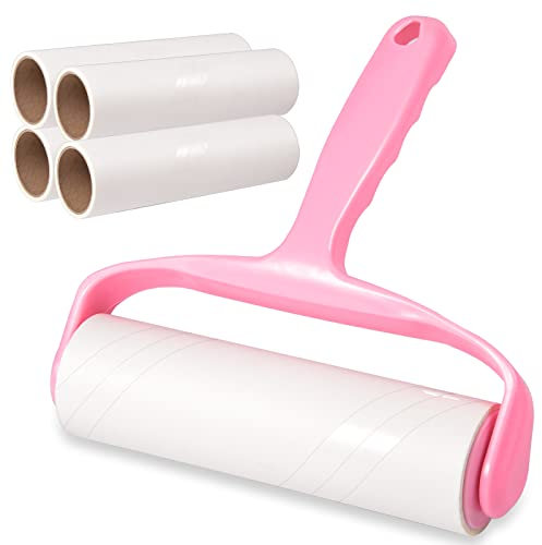 Fusselrolle 4 Rollen mit 1 Abroller 1 Staubschutzhülle, 16cm extra großer Tierhaarentferner, Fusselrolle Tierhaar geeignet für Kleidung, Haare, Katzenhaar, Hundehaar, Sofas, Teppiche, 60 Blatt/Rolle