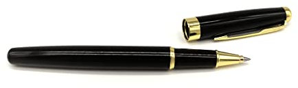 Dinora® Tintenroller – Kugelschreiber – Edelstahl – mittlere Spitze – Blaue Tinte – Eleganten PU-Leder Geschenkbox – Schwarz Gold