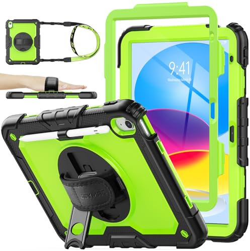 SEYMAC stock Hülle für iPad A16 11./10. Generation 11/10.9 Zoll 2025/2022, Stoßfeste Hülle mit Displayschutzfolie, 360 Drehbarer Ständer/Handschlaufe, Stifthalter & Schultergurt, Grün