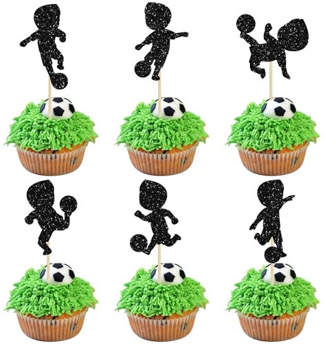 24Pcs Kids Soccer Cupcake Toppers Black Glitter Soccer Birthday Cake Topper Decorations for Boys Soccer Cupcake Picks Cake Decorations for Boys Birthday Party Supplies