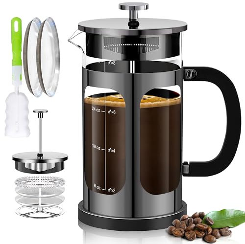 YMMIND French Press Kaffeebereiter (1,5 l 5–6 Tassen) Kaffeepresse, mit 4 Filtersystem, hitzebeständiges dickes Borosilikatglas, kaltgebrühter Kaffee, Teekanne, Geschenke (helles Schwarz)