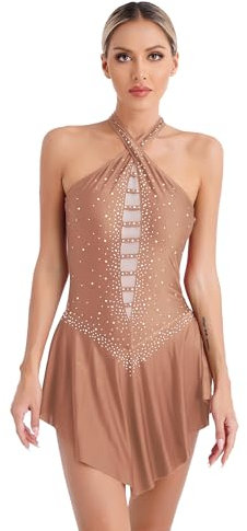 inlzdz Donna Vestito Pattinaggio Artistico Paillette Leotard Senza Manica Body Danza Classica Backless Abito da Ballo Latino Ballerina Samba Rumba Danza Moterna Rosa S
