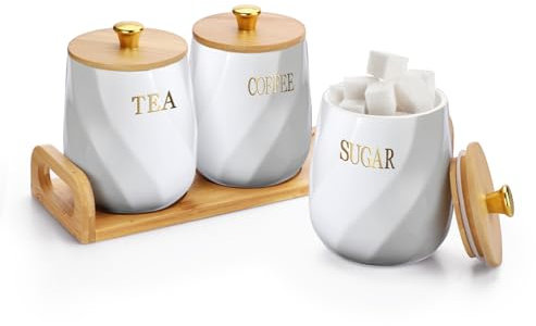 BTSKY Ceramic Kitchen Canisters with Lid and Tray - White Airtight Sugar Coffee Tea Containers with Wooden Tray, Food Storage Jars for Kitchen Counter