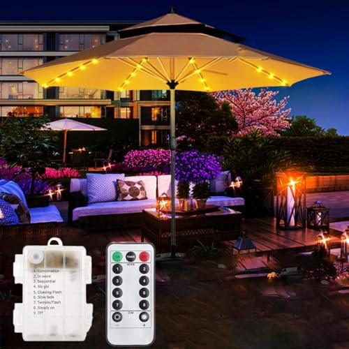 KINGCOO Guirlande lumineuse pour parasol - 104 LED - Pour l'extérieur et l'intérieur - Avec télécommande - Minuterie - Fonctionne avec piles - Pour tentes de camping et jardin (blanc chaud)