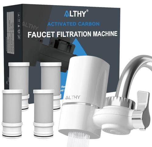 ALTHY T1 Filtro de Agua Para Grifo,Sistema de Filtración de Fibra de Carbón Activado de 400 Galones,sin BPA, Elimina el Cloro,los Metales Pesados y el Mal Sabor (4 Filtro Incluido)