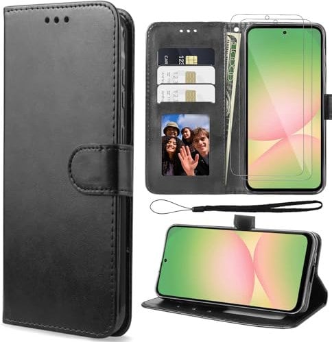 YIRSUR for Samsung Galaxy A56 Case with 2 Pack Screen Protector, Shockproof PU Leather Magnetic Flip Wallet Cover, Stand Feature and Full Protection Kickstand Phone Case Black