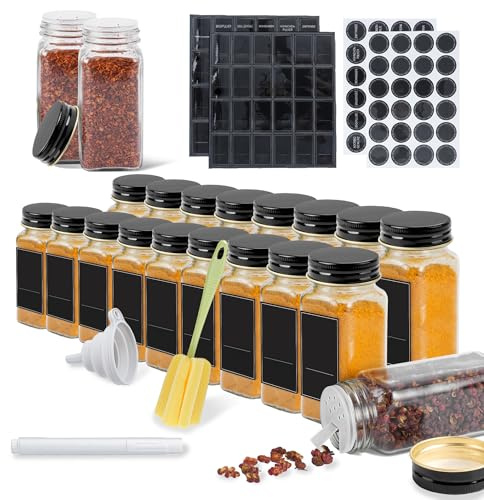 Aufun Square Glass Spice Jars 24 Pack Black & Gold Aluminum Lid with Labels | Includes cleaning brush and shaker inserts for easy refilling, with writable options for quick spice identification