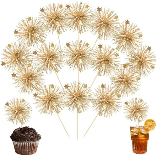 Fesnova 10 Stück Feuerwerk Tortendeko, Gold Feuerwerk Cupcake Topper, Kuchen Deko, für Tortendeko Geburtstagsdeko, Hochzeit, Valentinstag