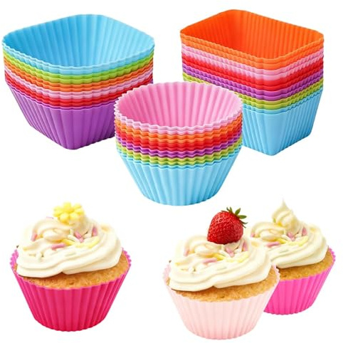 30Psc Reusable Silicone Muffin Cases, Cupcake Muffin Baking Cups Liners, Non-Stick Cake Molds Sets Bento Box, 3 Shapes, Heat Resistant