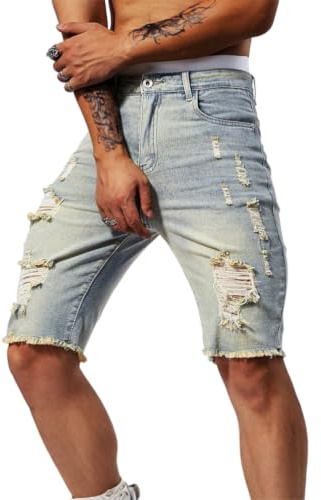 Oanviso Hommes Jeans Shorts à Trou Droit Cassé Skinny Pantacourt en Denim Slim Fit Short Bermuda Pantalon Court en Jean Déchiré Hip-Hop Streetwear B Retro Bleu L
