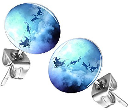 Mianova Ohrringe Stecker Rund Klein Ohrstecker Runde Platte Silber mit Winter Weihnachts Motiv fliegende Weihnachtskutsche