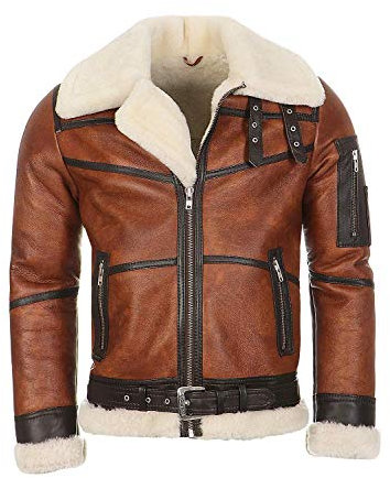 Hollert Herren Bomberjacke B16 Rocky Sylvester Style Winterjacke 100% Merino Felljacke Lederjacke Fliegerjacke Größe M, Farbe Model 6 - Kastanie/Creme